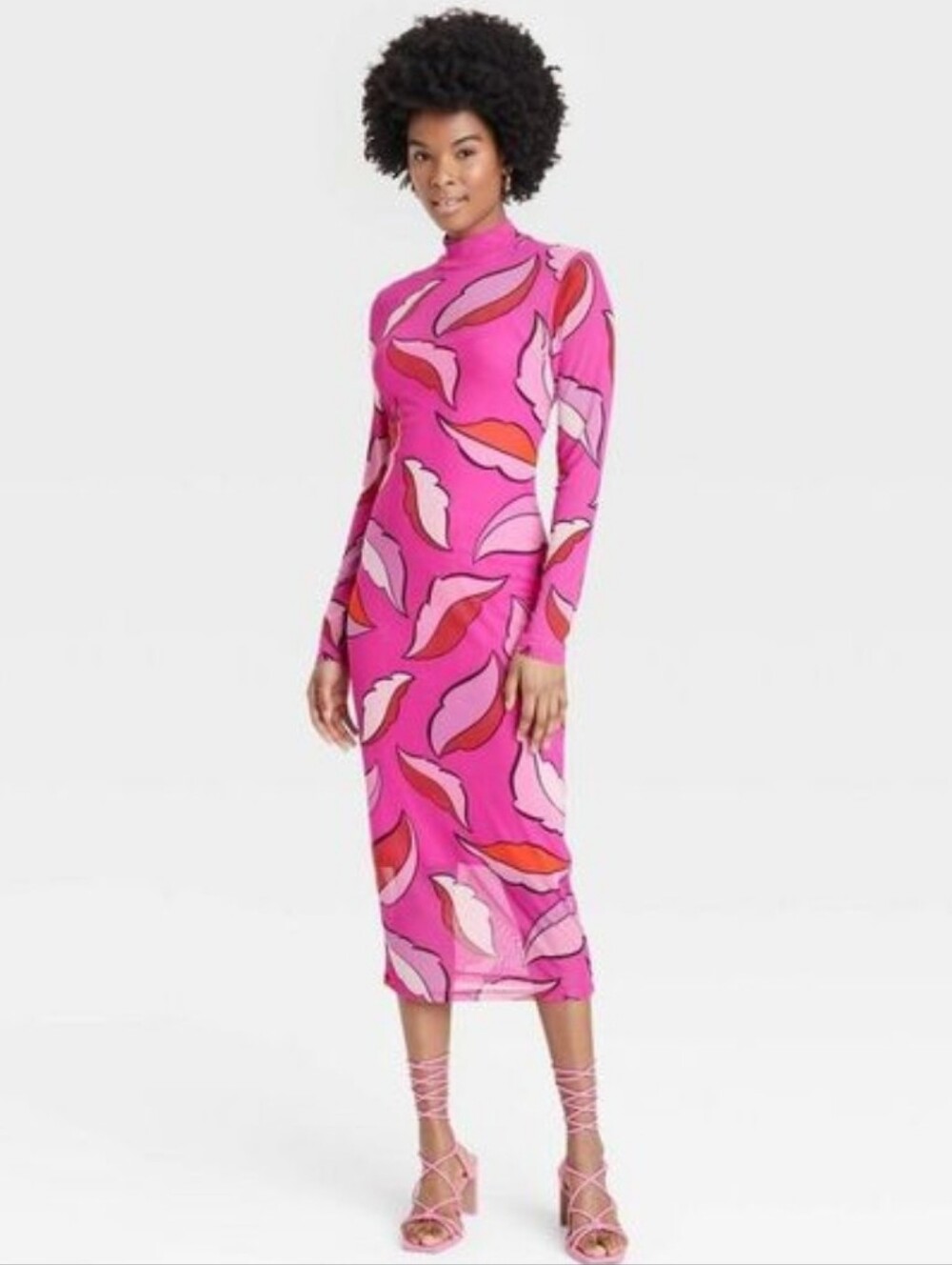 Target Sammy B Pink Red Abstract Print Long Sleeve Mesh Midi Dress